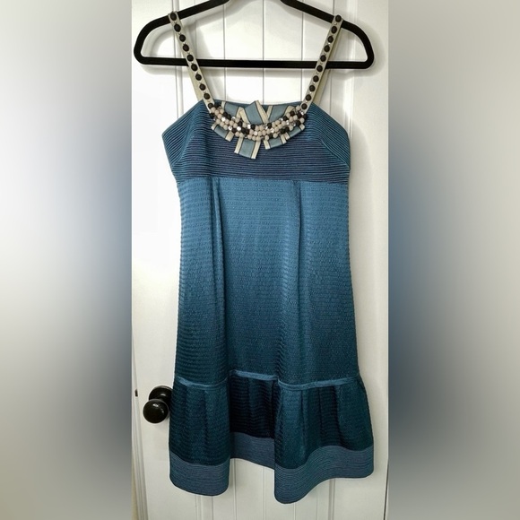 Lela Rose Silk Linen Textured Dark Teal Blue Short Sleeveless Mini Dress Size 6 - Picture 3 of 14
